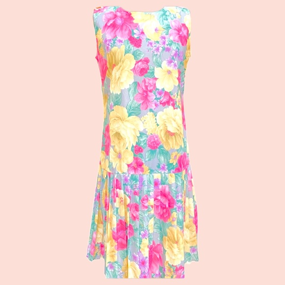 Vintage pleated dropwaist dress midi floral hippie flower power 60s 70s 80s VTG - Picture 1 of 14